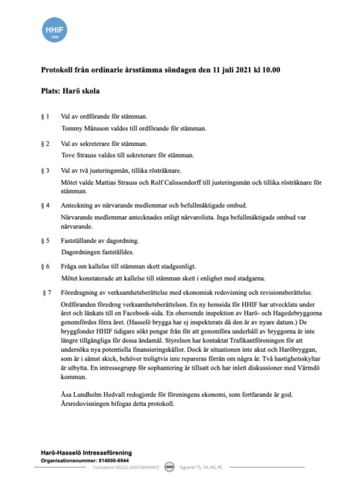 Protokoll årsstämma HHIF 11 juli 2021