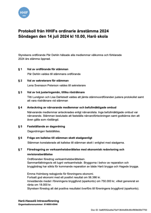 Protokoll HHIF årsmöte 14 juli 2024